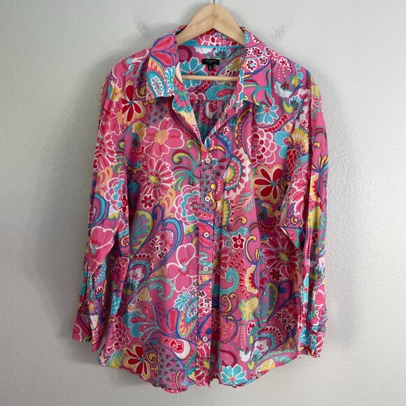 Talbots Plus 3X Vibrant Mod Floral Cotton Button Up Shirt Long Sleeve Blouse - Picture 9 of 12